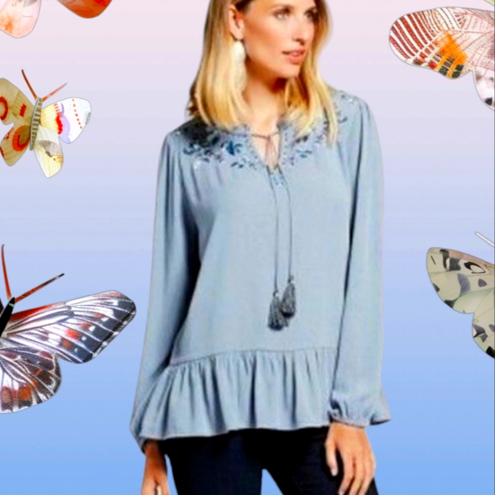 Knox Rose Blue Gray Long Sleeve Embroidered Peplum Top Size Small